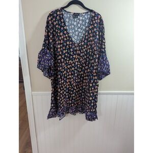 Evans Floral Ruffle V-Neck Tunic Top Black Purple Orange Plus Size 26/28